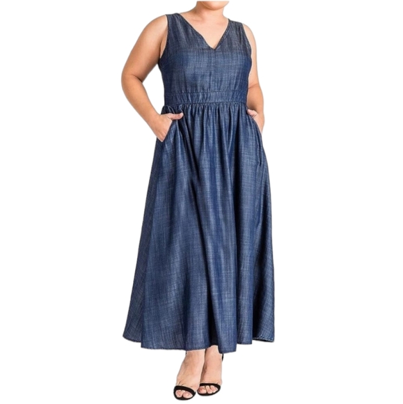 STANDARDS & PRACTICES Nimah Tencel Maxi Womens Plus Blue Chambray Dress - Picture 1 of 8